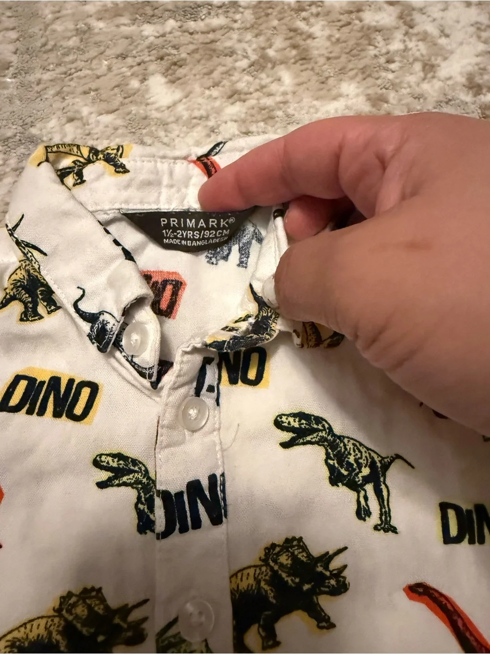 Primark White Button-Down Shirt with Red, Yellow, Green & Blue Dino Print 2T